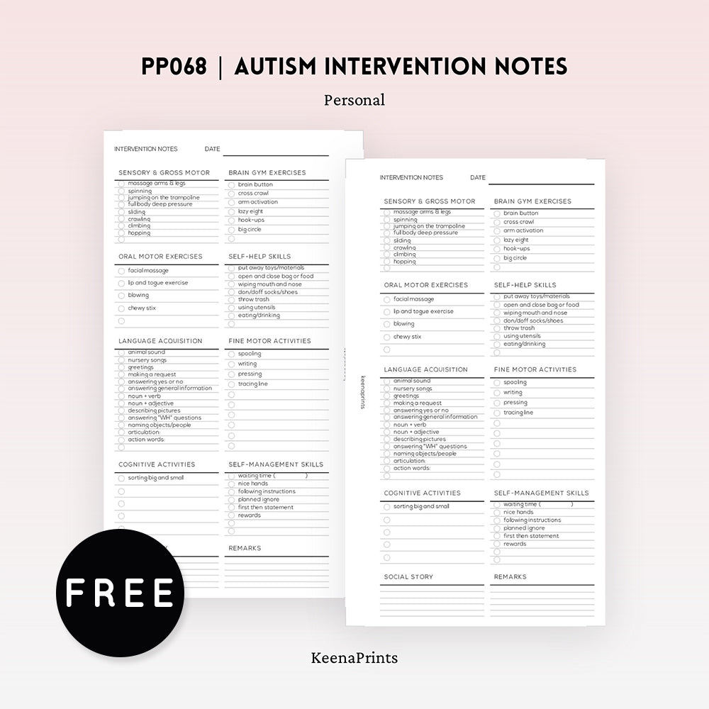 PP068 | AUTISM INTERVENTION NOTES PLANNER FREE PRINTABLE INSERT