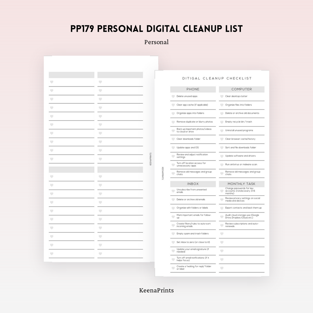PP179 | DIGITAL CLEANUP CHECKLIST PLANNER PRINTABLE INSERT