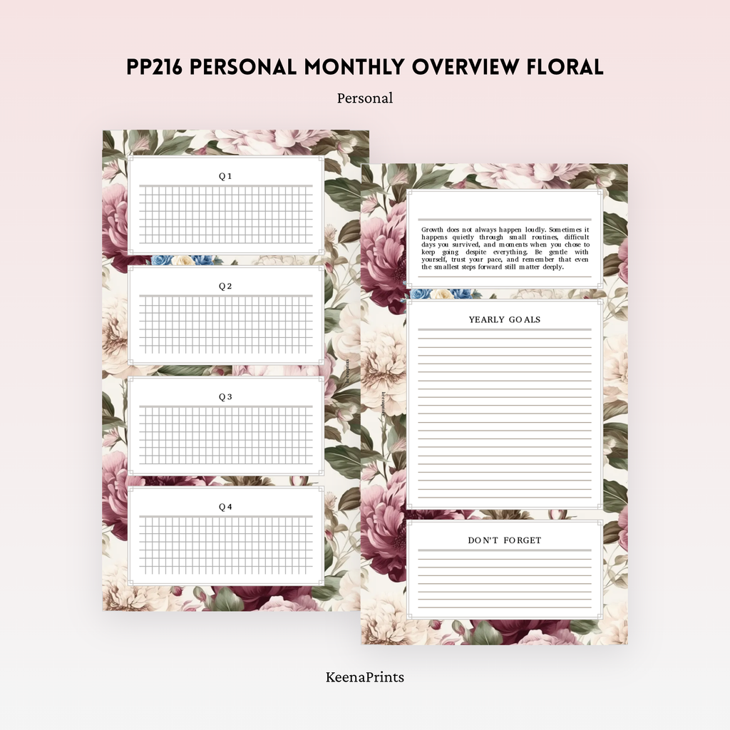 PP216 | FLORAL MONTHLY OVERVIEW PLANNER PRINTABLE INSERT FOR PERSONAL RINGS PLANNER WITH YEARLY GOALS, MONTHLY TASKS & QUOTES