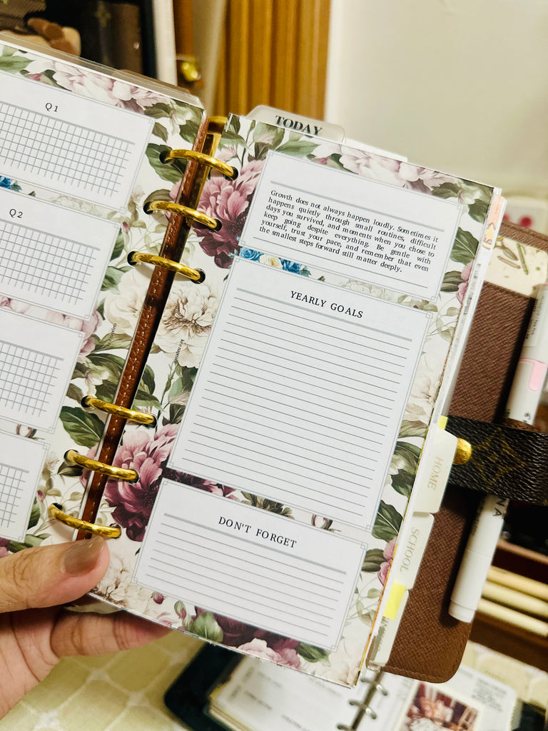 PP216 | FLORAL MONTHLY OVERVIEW PLANNER PRINTABLE INSERT FOR PERSONAL RINGS PLANNER WITH YEARLY GOALS, MONTHLY TASKS & QUOTES