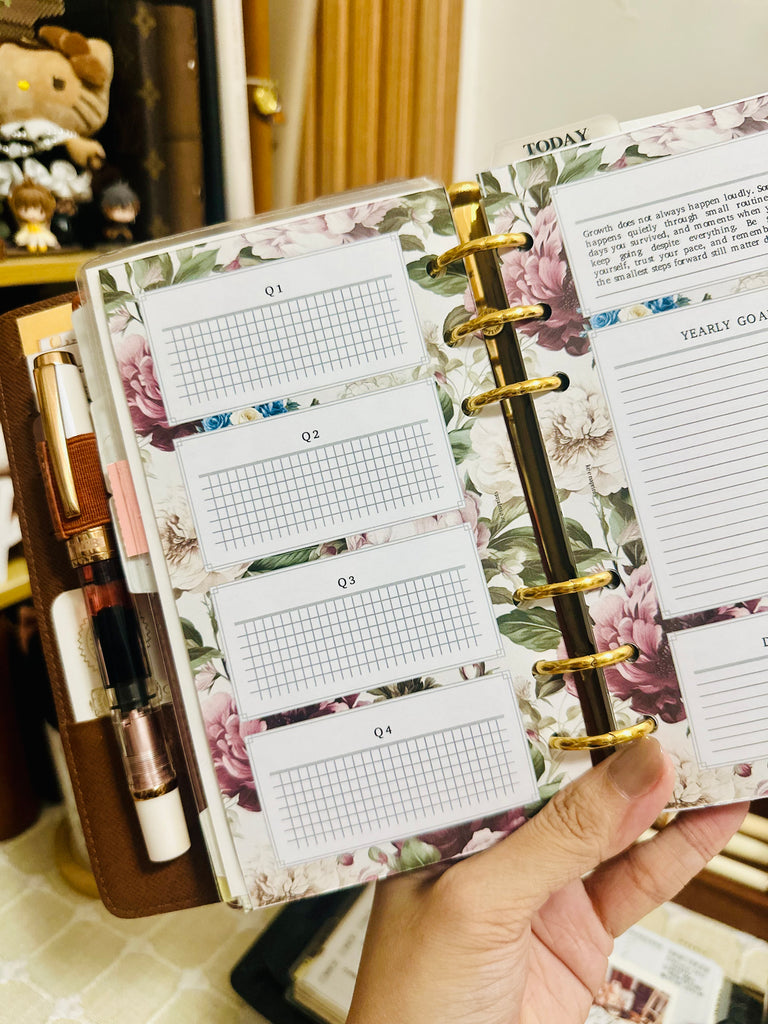 PP216 | FLORAL MONTHLY OVERVIEW PLANNER PRINTABLE INSERT FOR PERSONAL RINGS PLANNER WITH YEARLY GOALS, MONTHLY TASKS & QUOTES