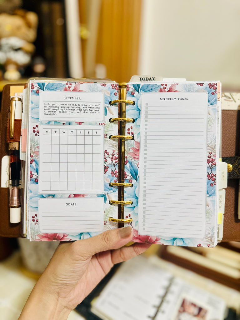 PP216 | FLORAL MONTHLY OVERVIEW PLANNER PRINTABLE INSERT FOR PERSONAL RINGS PLANNER WITH YEARLY GOALS, MONTHLY TASKS & QUOTES