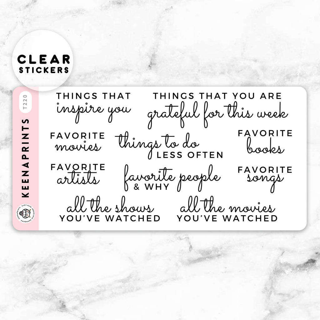 JOURNALING PROMPTS CLEAR STICKERS FUNCTIONAL | T220