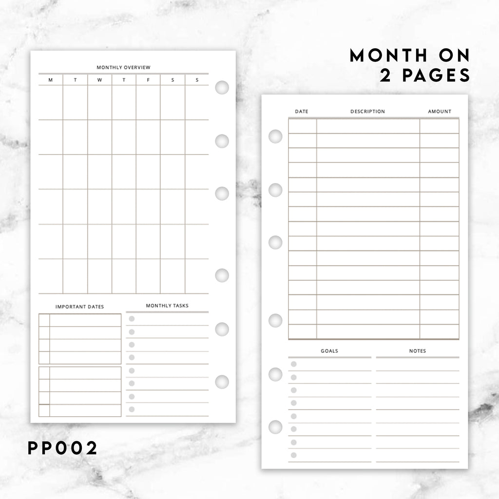 PP002 | MONTH ON 2 PAGES UNDATED PLANNER PRINTABLE INSERT