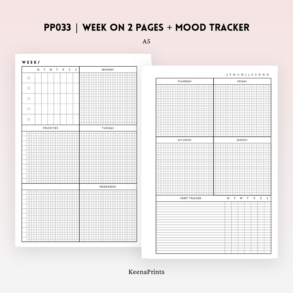 PP033 | WEEK ON 2 PAGES + MOOD TRACKER PLANNER PRINTABLE INSERT