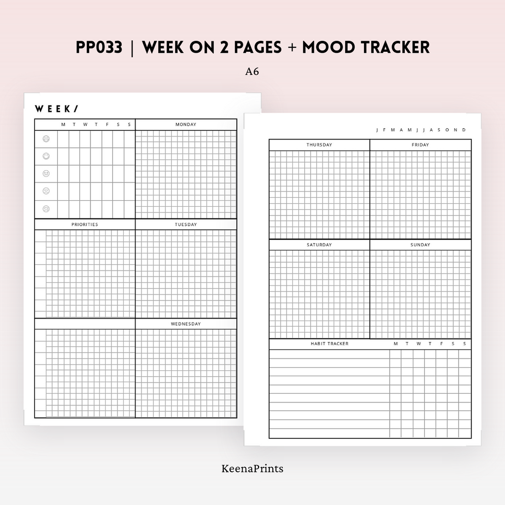 PP033 | WEEK ON 2 PAGES + MOOD TRACKER PLANNER PRINTABLE INSERT