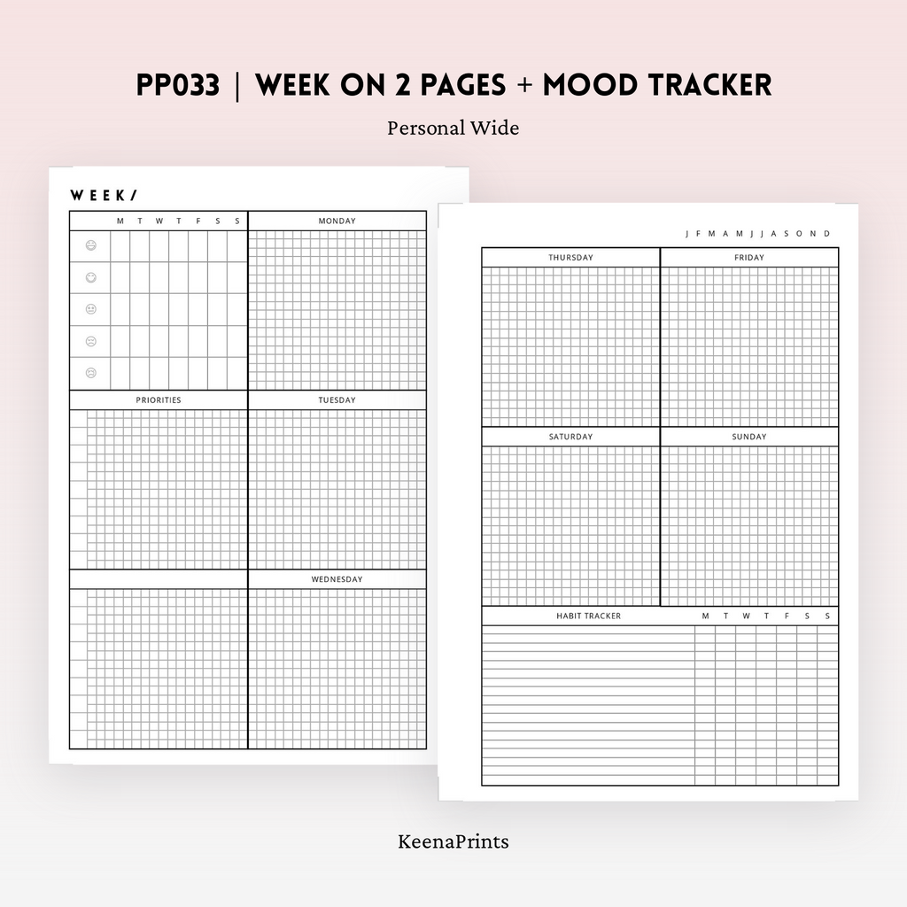PP033 | WEEK ON 2 PAGES + MOOD TRACKER PLANNER PRINTABLE INSERT