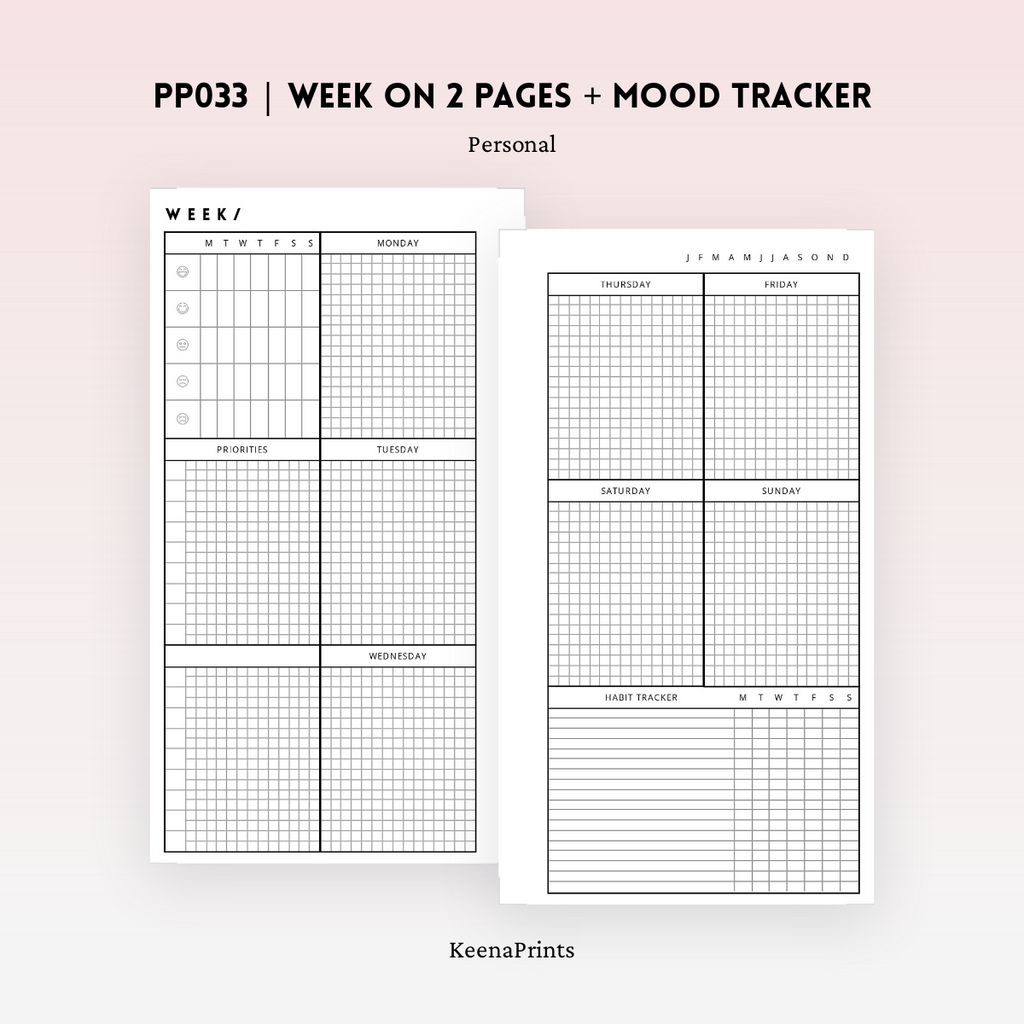 PP033 | WEEK ON 2 PAGES + MOOD TRACKER PLANNER PRINTABLE INSERT