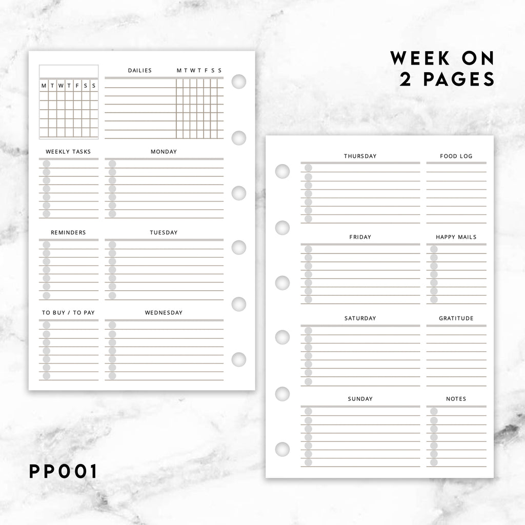 PP001 | WEEK ON 2 PAGES WEEKLY UNDATED PLANNER PRINTABLE INSERT