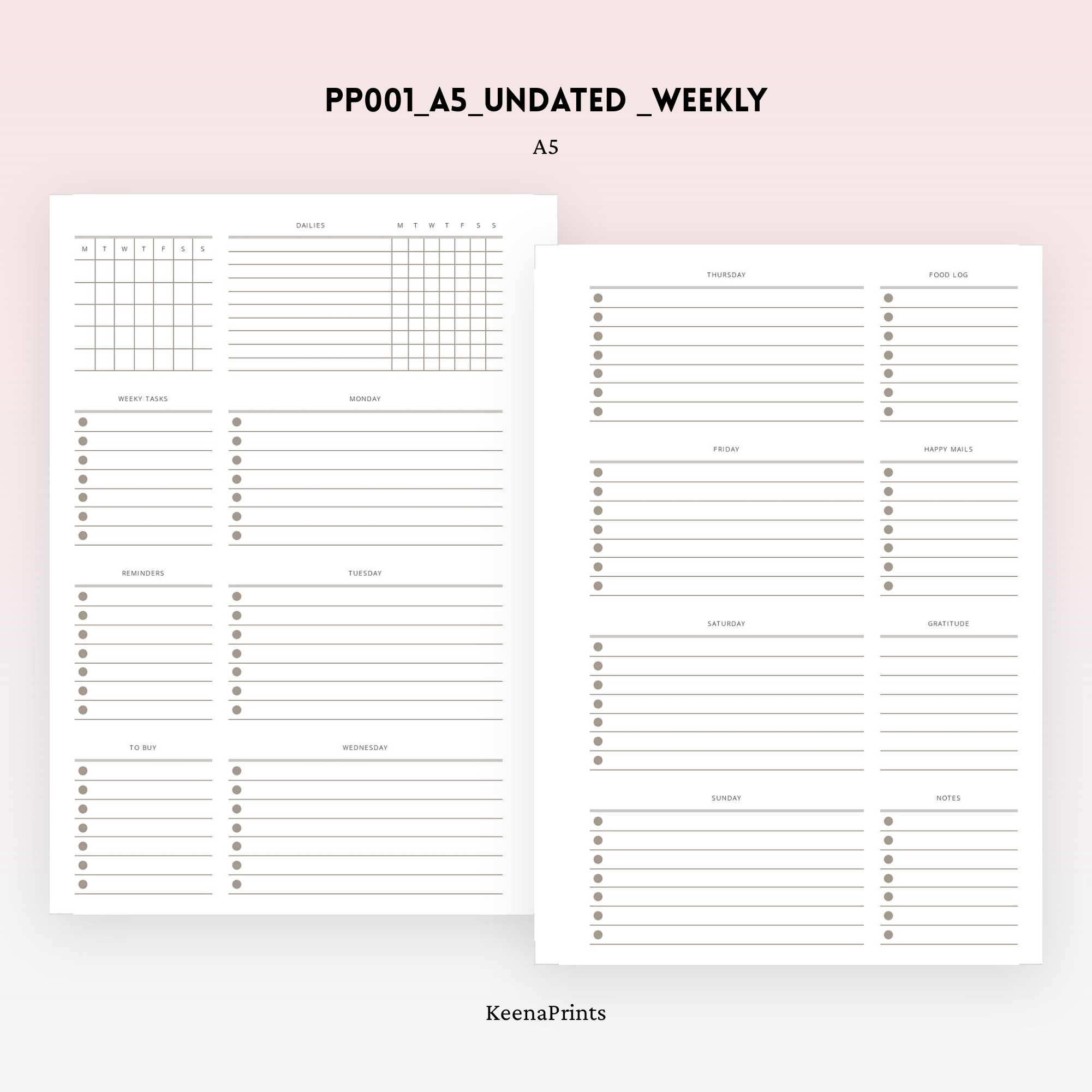 PP001 | WEEK ON 2 PAGES WEEKLY UNDATED PLANNER PRINTABLE INSERT ...