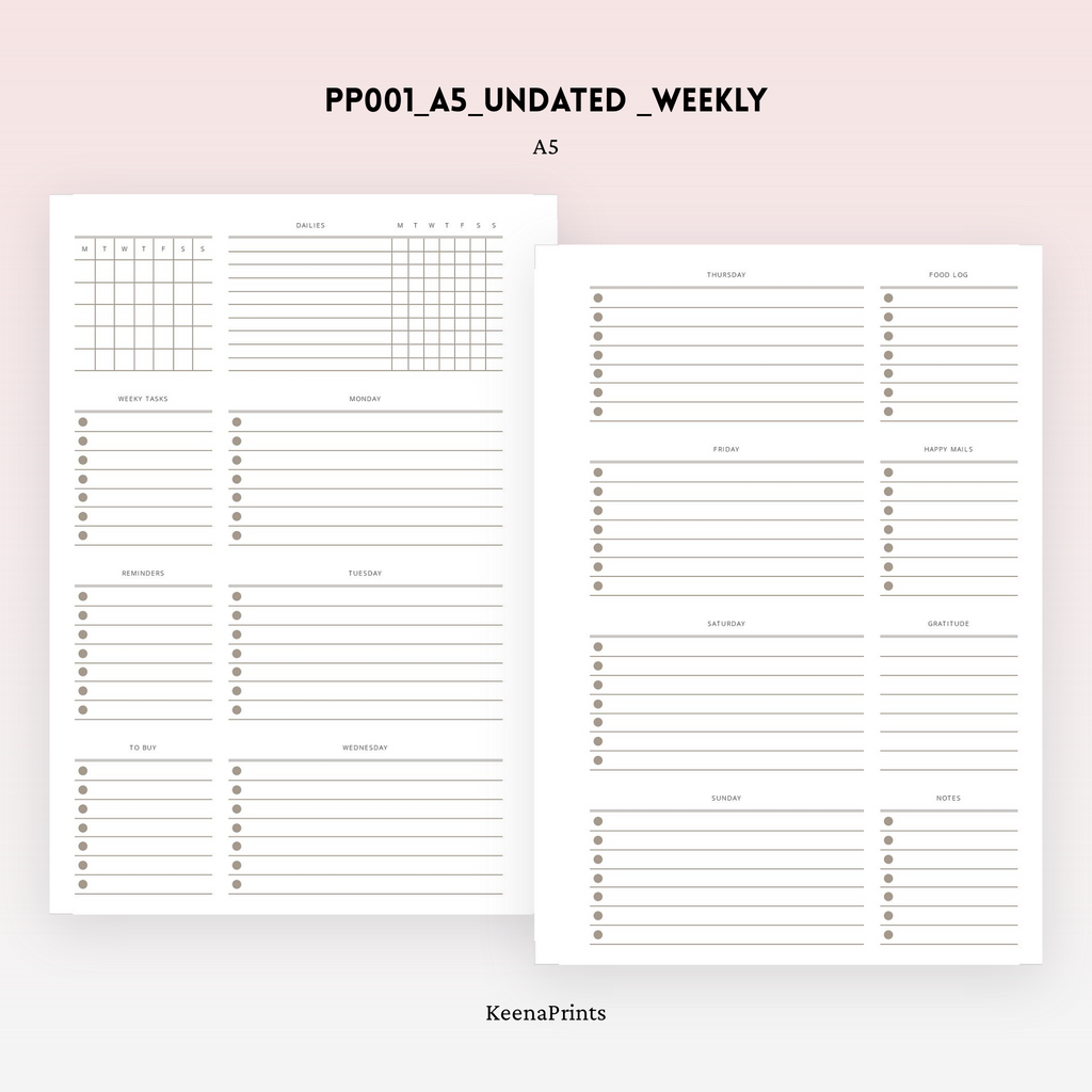 PP001 | WEEK ON 2 PAGES WEEKLY UNDATED PLANNER PRINTABLE INSERT