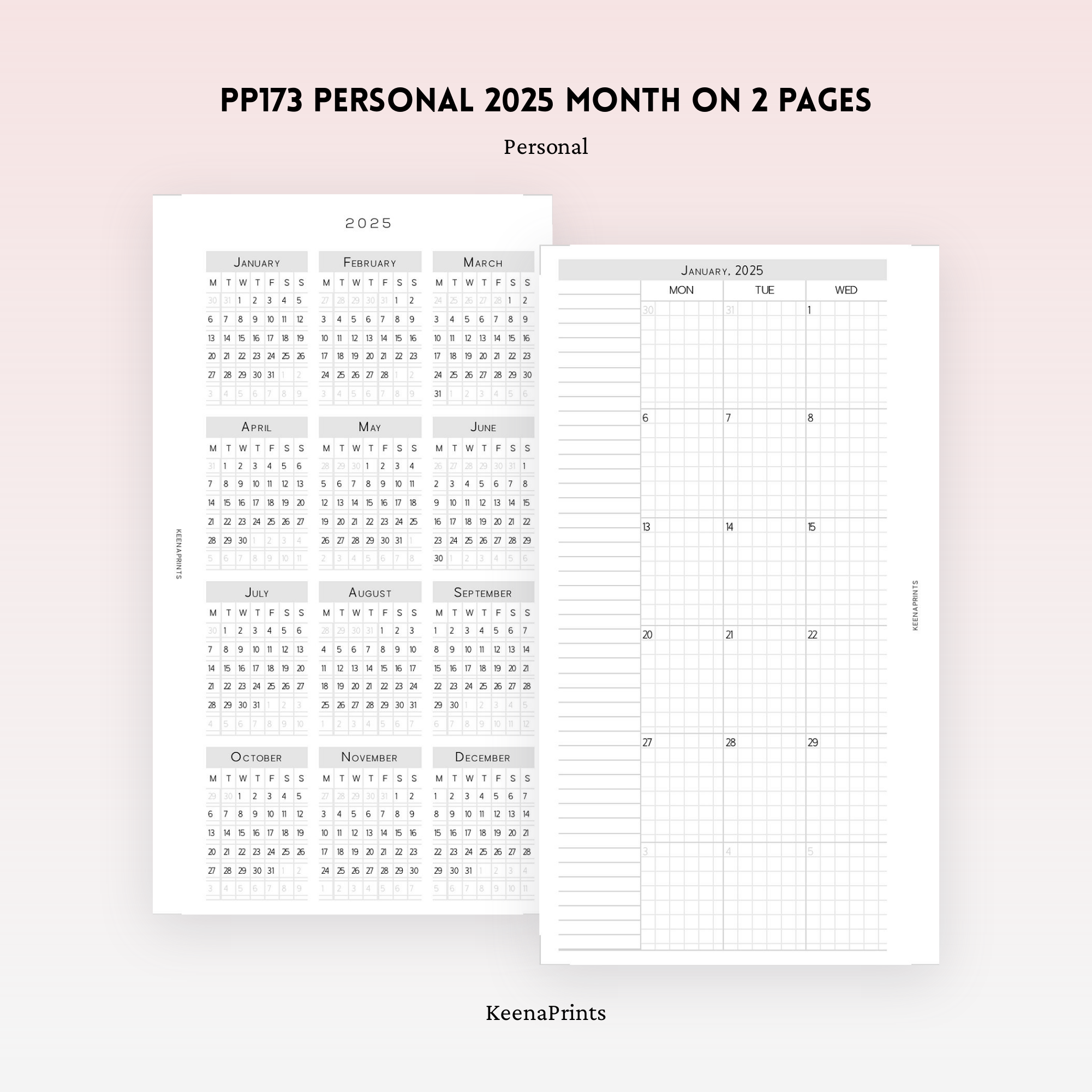 PP173 | 2025 MONTH ON 2 PAGES PLANNER PRINTABLE INSERT – KeenaPrints