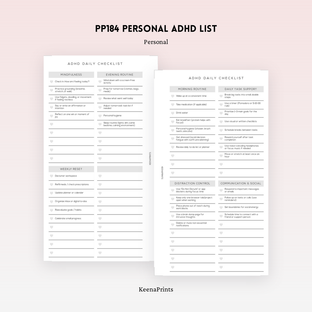 PP184 | ADHD SUPPORT CHECKLIST PLANNER PRINTABLE INSERT