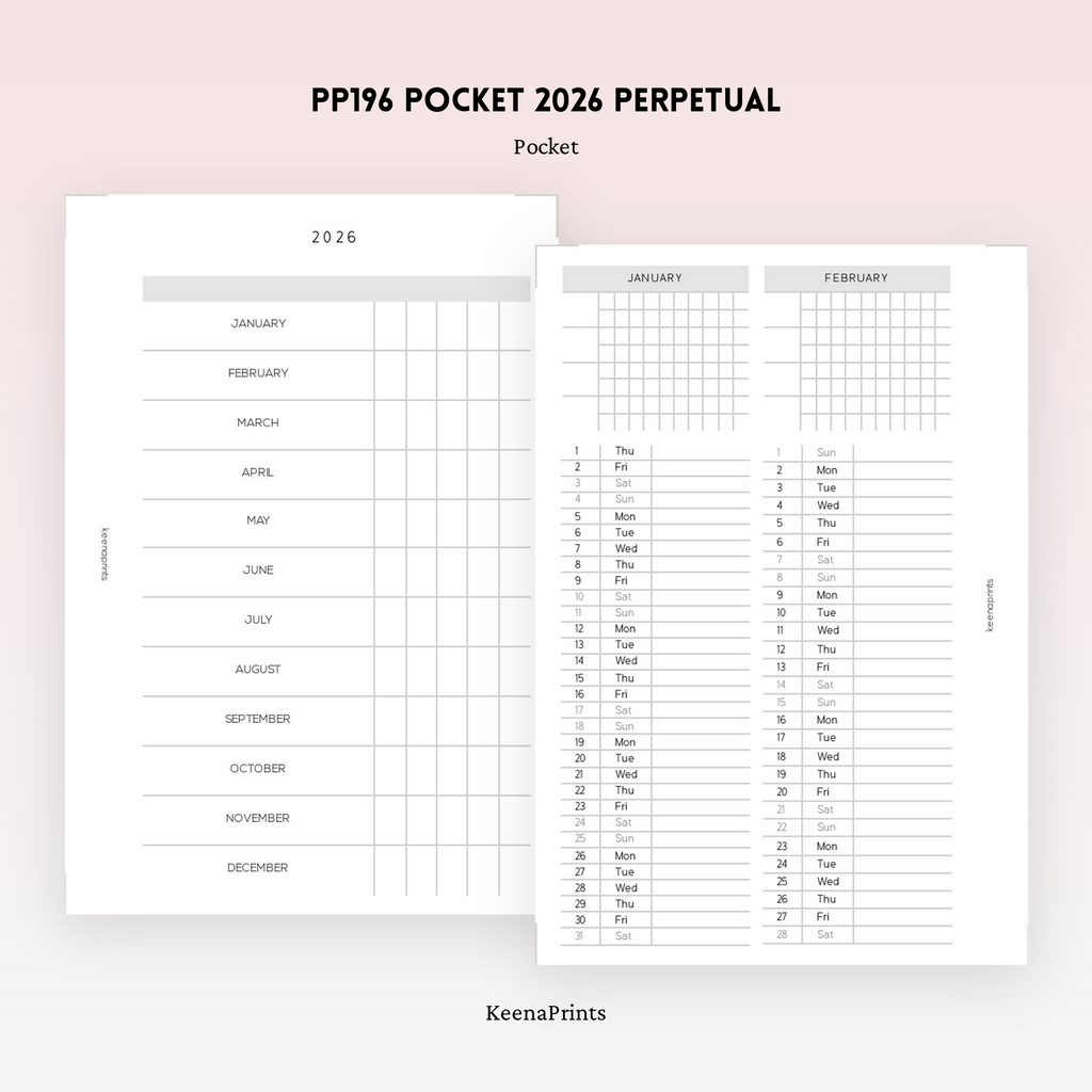 PP196 | 2026 PERPETUAL CALENDAR PLANNER PRINTABLE INSERT