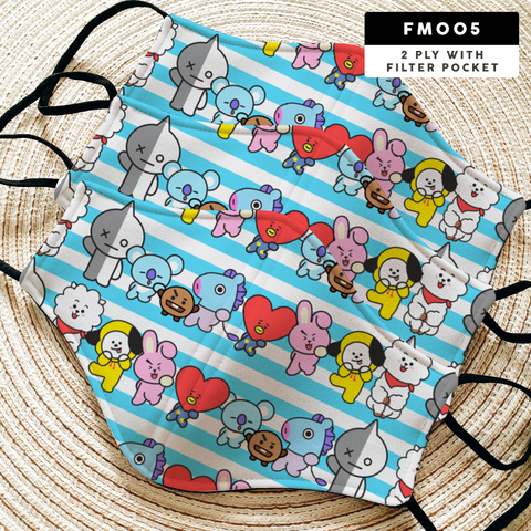 BT21  INSPIRED FANMADE GRAY 2-PLY WASHABLE FACE MASK WITH FILTER POCKET - FM006