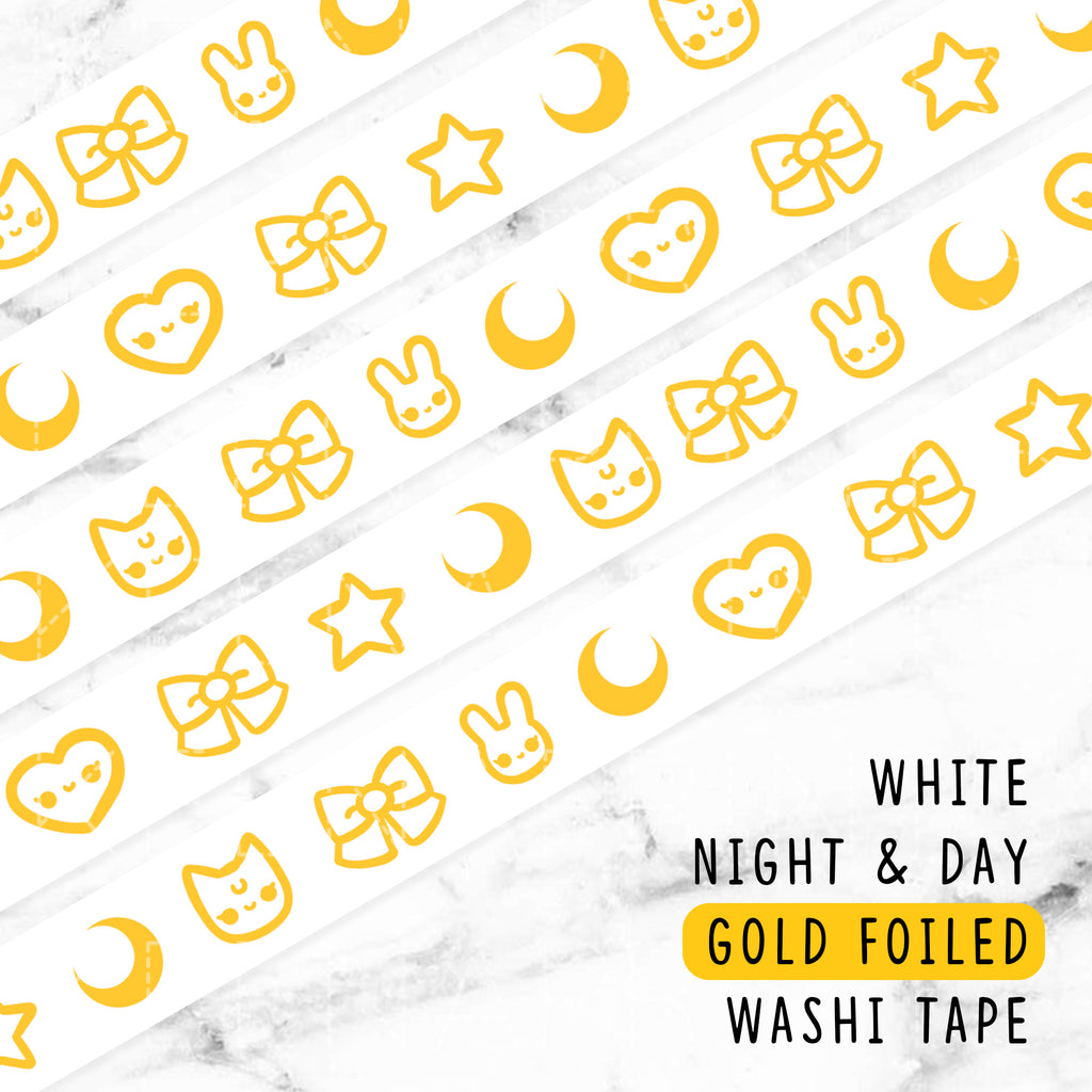 WHITE NIGHT & DAY GOLD FOILED WASHI TAPE - WT018 - KeenaPrints planner stickers bullet journal diary sticker emoji stationery kawaii cute creative planner