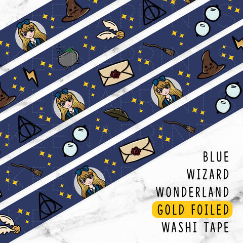 BLUE WIZARD WONDERLAND DREAMS GOLD FOILED SLIM WASHI TAPE 8mm - WT046