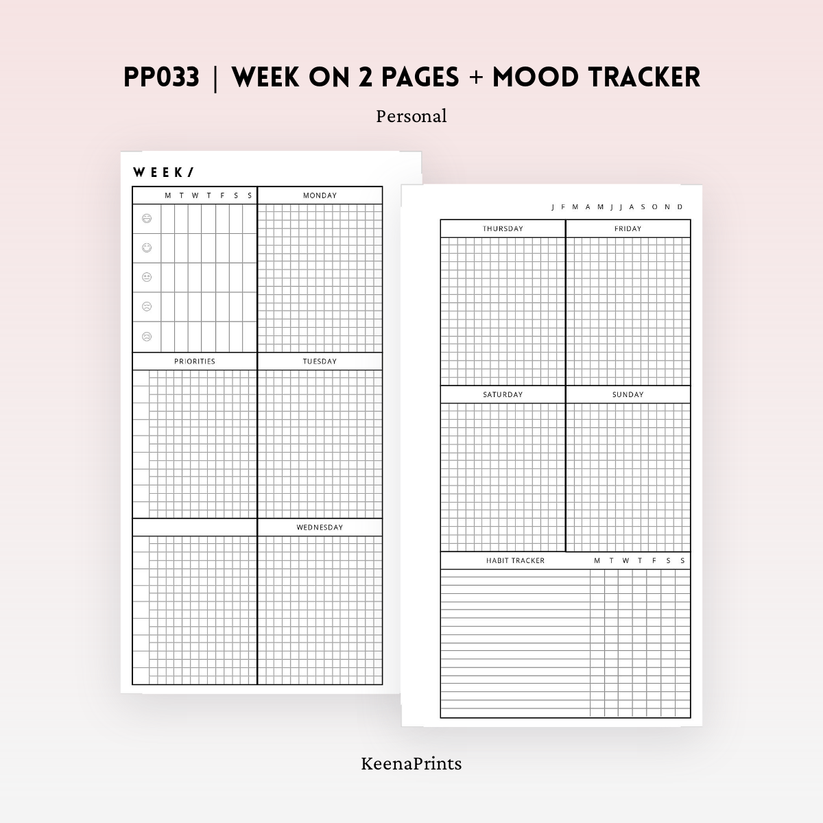 PP033 | WEEK ON 2 PAGES + MOOD TRACKER PLANNER PRINTABLE INSERT ...
