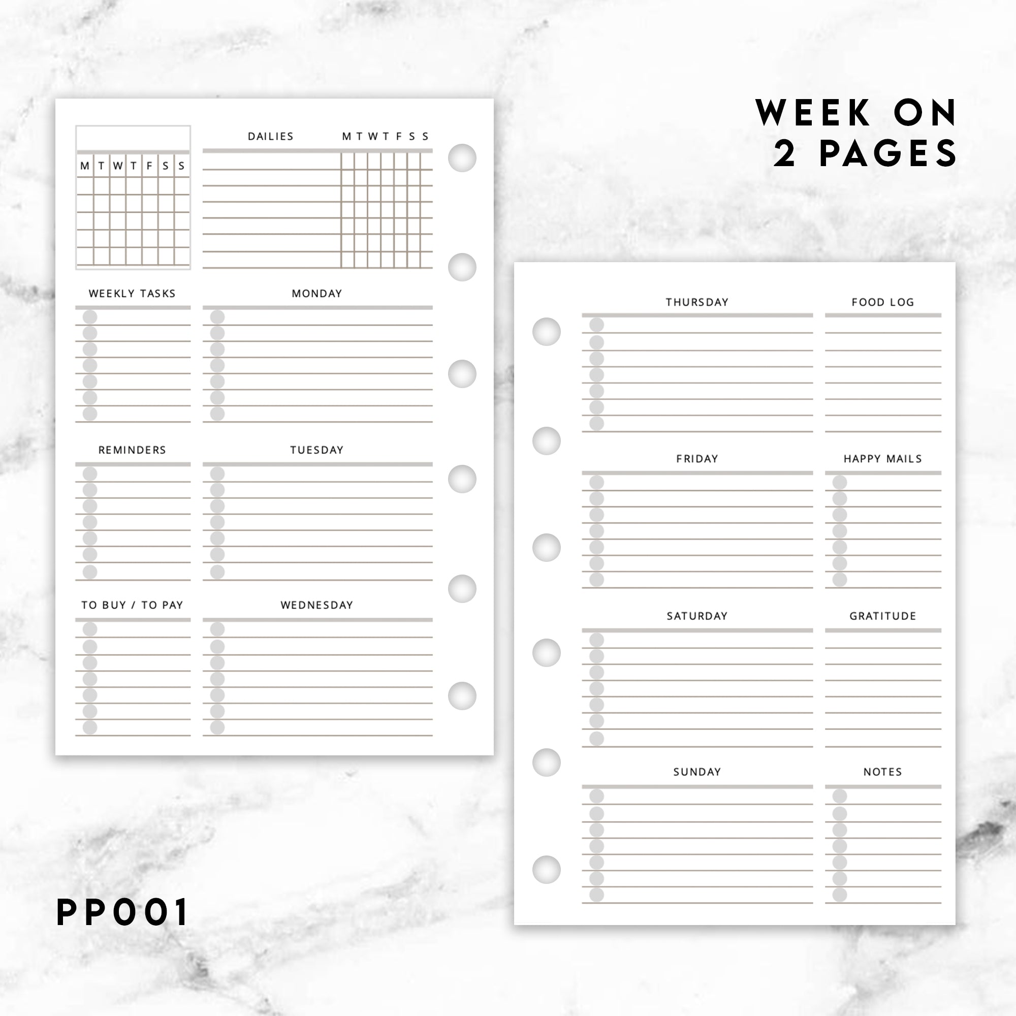 PP001 | WEEK ON 2 PAGES WEEKLY UNDATED PLANNER PRINTABLE INSERT ...