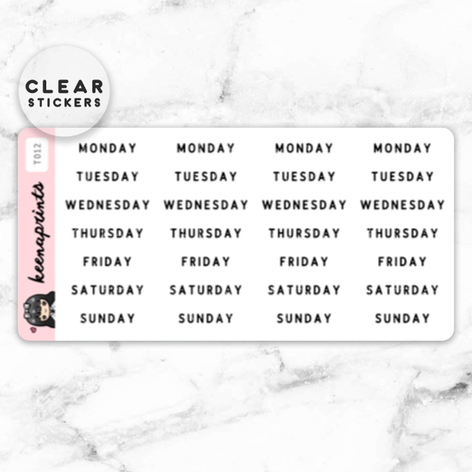 DAYS OF THE WEEK LABEL CLEAR STICKERS - T012 - KeenaPrints planner stickers bullet journal diary sticker emoji stationery kawaii cute creative planner